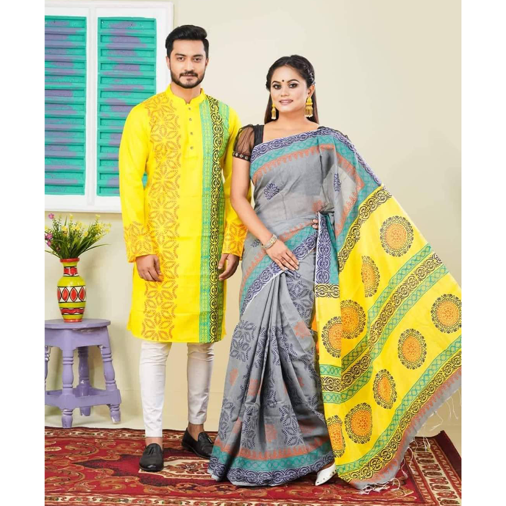 Dhupian Silk Saree and Dhupian Panjabi for Couple - Multicolor - HS-00113