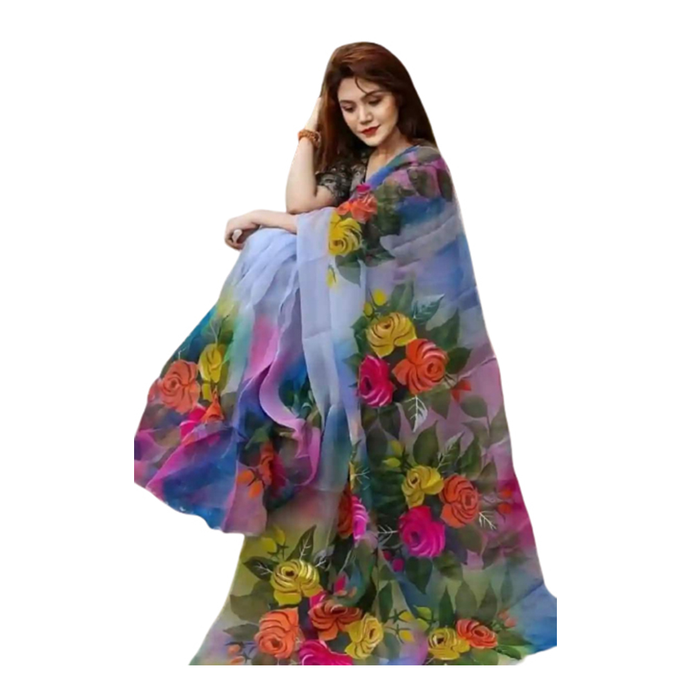 Half Silk Hand Print Saree For Women - Multicolor - SP-102