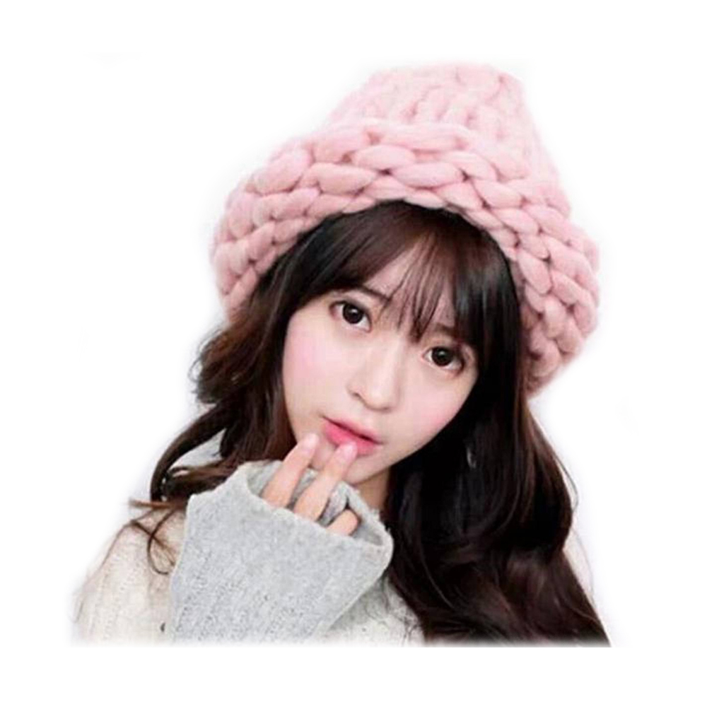 ﻿Stylish Beanies Knitted Solid Winter Hat Caps For Women - Pink