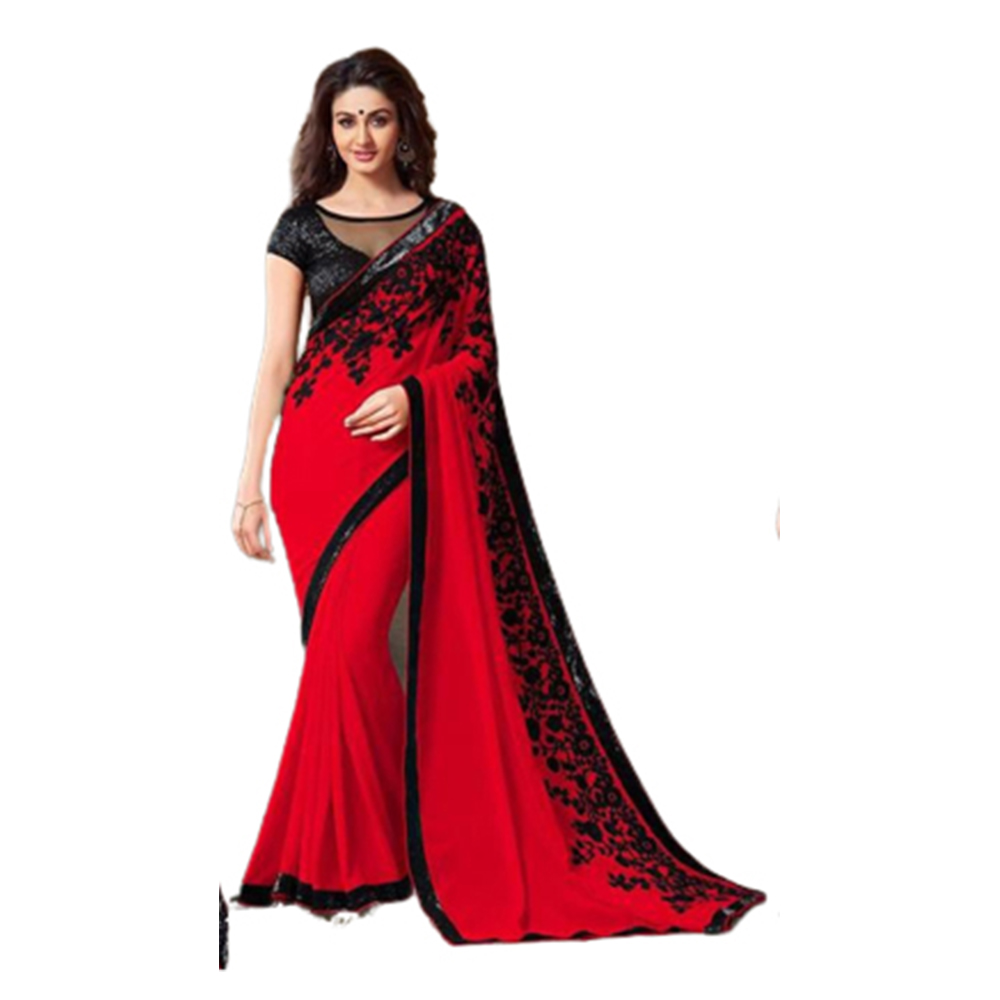 Soft Weightless Georgette Saree With Blouse For Women - Red And Black - SJ-35