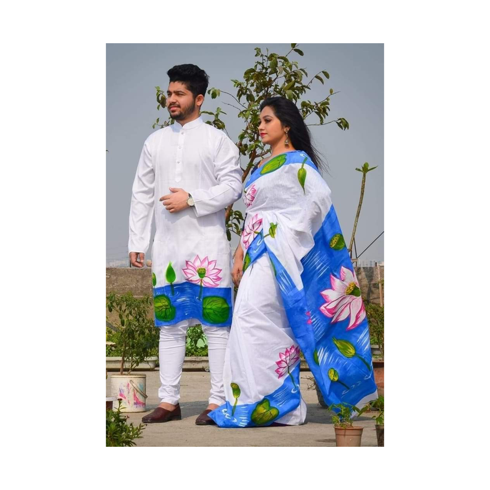 Hand Printed Half Silk Saree and Dhupian Silk Panjabi For Couple Set - BAN106