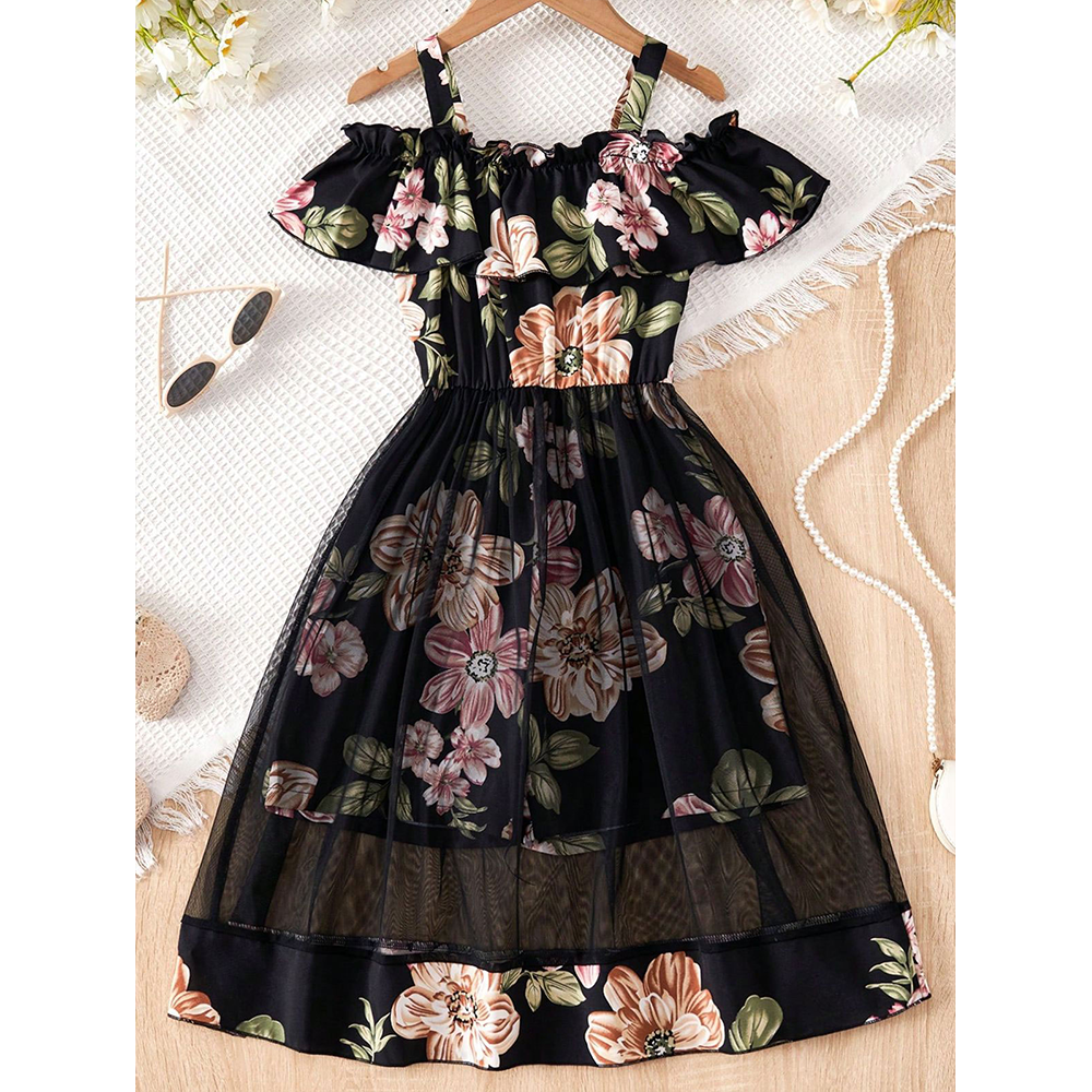 Linen Digital Print Party Dress Baby Dress For Girls - Black - 1729