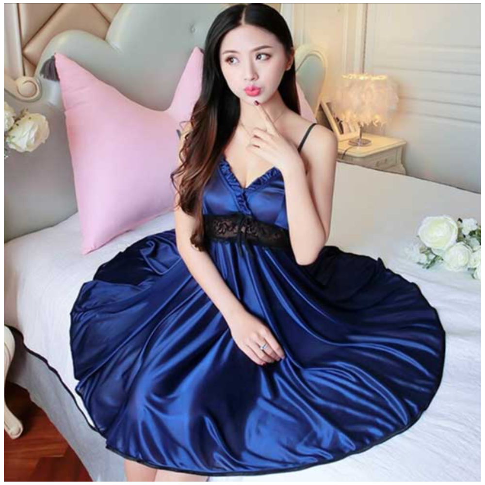 Satin Plain Nighty Dress With Panty - Blue - N_3042