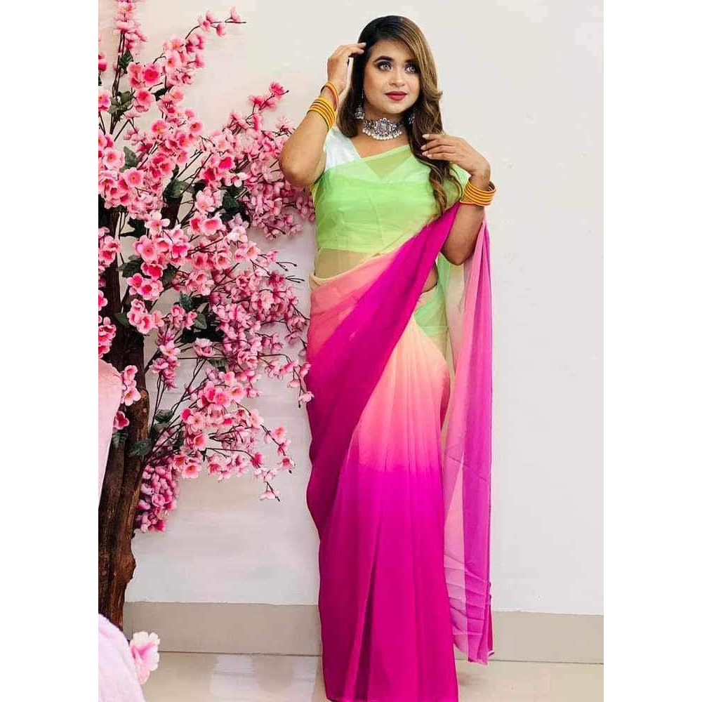 Soft Georgette Color Shade Saree With Blouse Piece For Women - Light Pink and Lemon  - Parotshade112