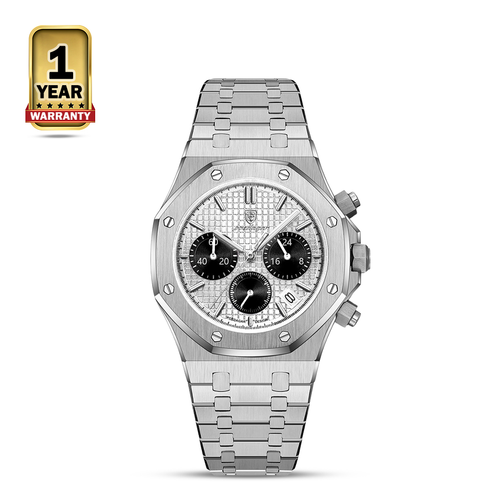 Poedagar 926 Stainless Steel Chronograph Wrist Watch For Men - White and Silver