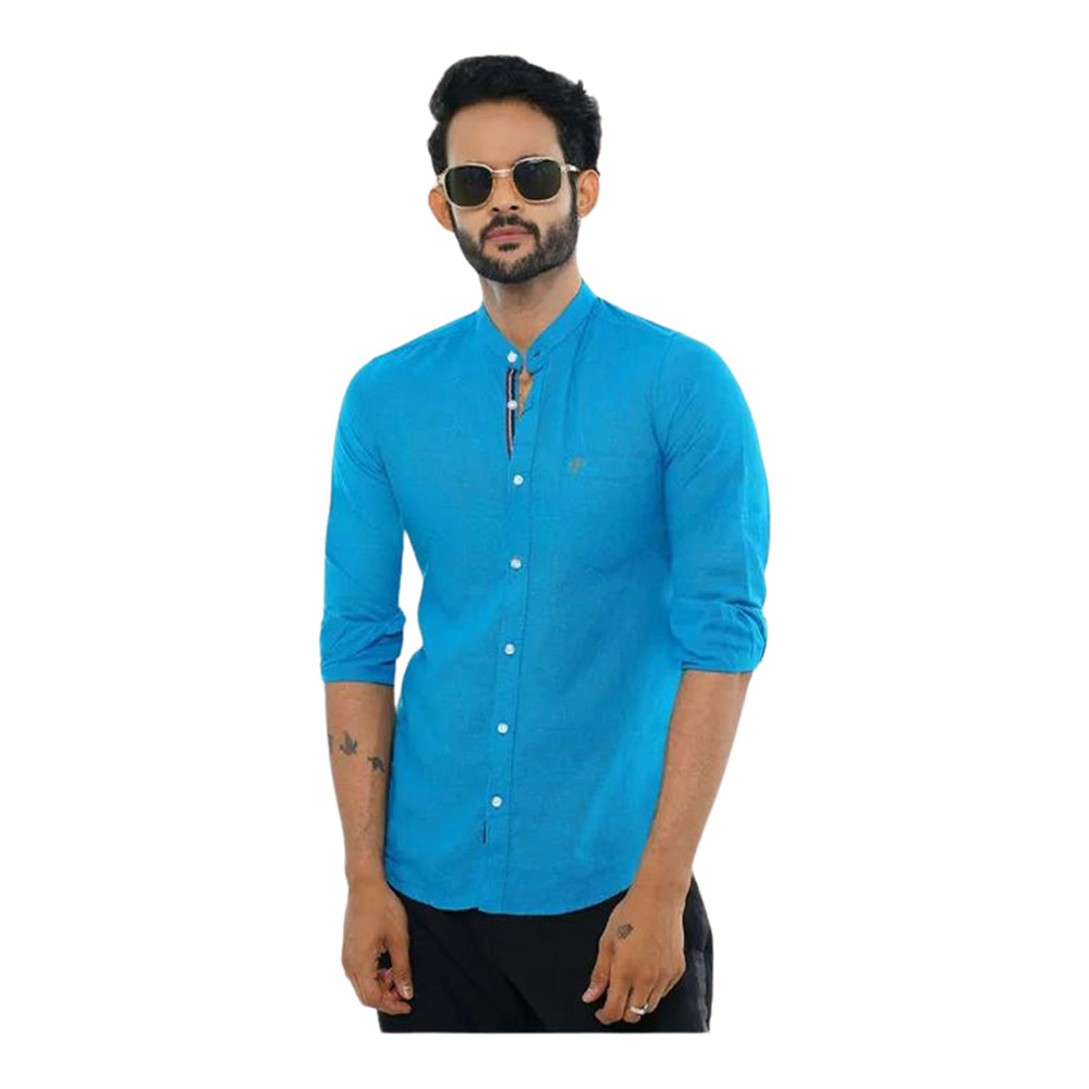 Cotton Casual Band Collar Shirt For Men - Aqua