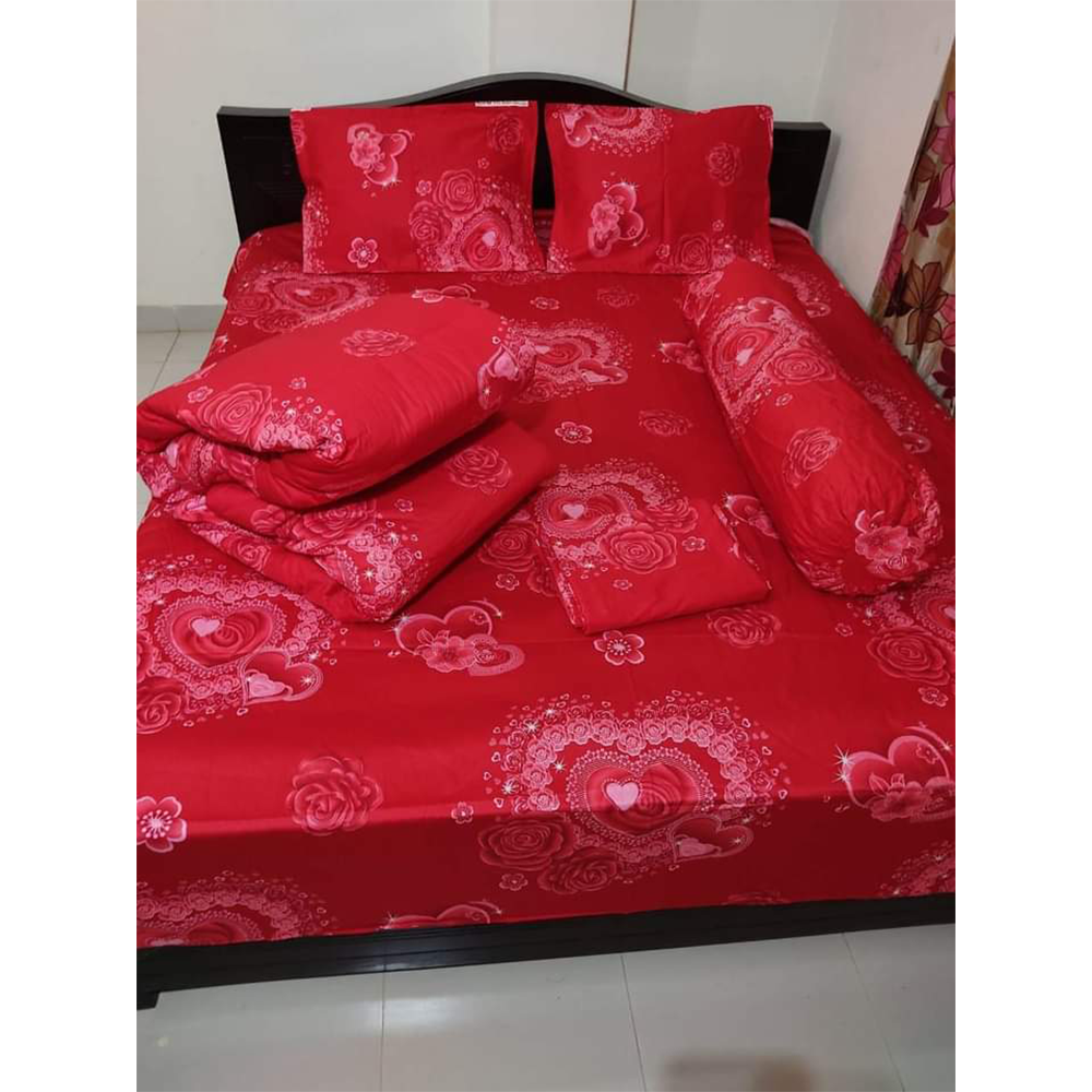 Twill Cotton King Size Five In One Comforter Set - Red - CFS-107