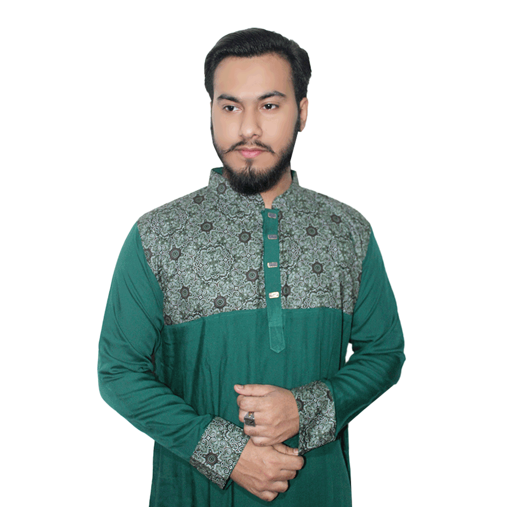 Dupion Silk Semi Long Panjabi For Men - Sea Green