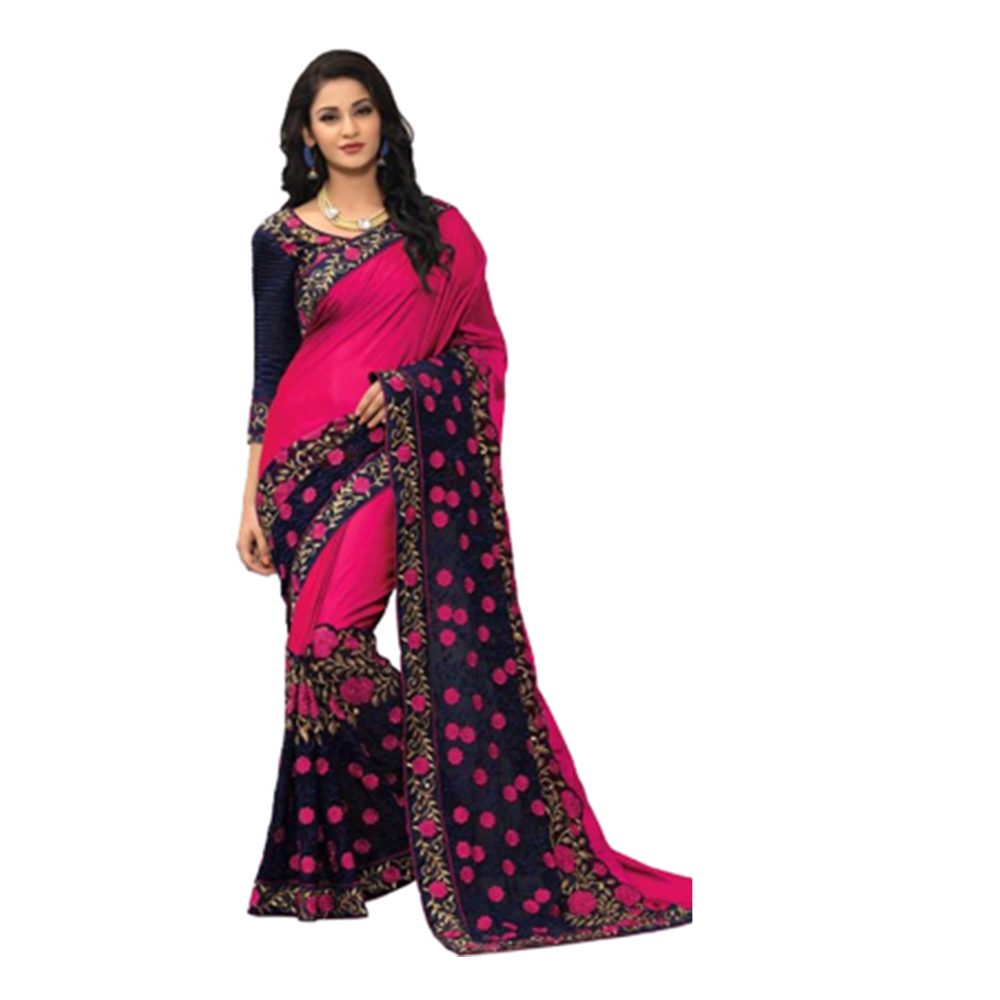 Soft Weightless Georgette Saree With Blouse For Women - Pink And Black - SJ-33