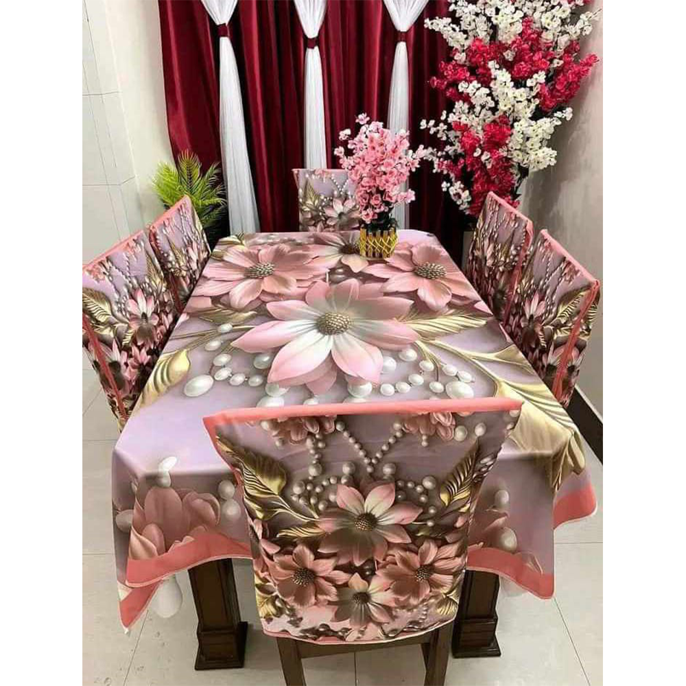 Korean Velvet 3D Print Dining Table Cloth and Chair Cover Set 7 In 1 - HS 00084