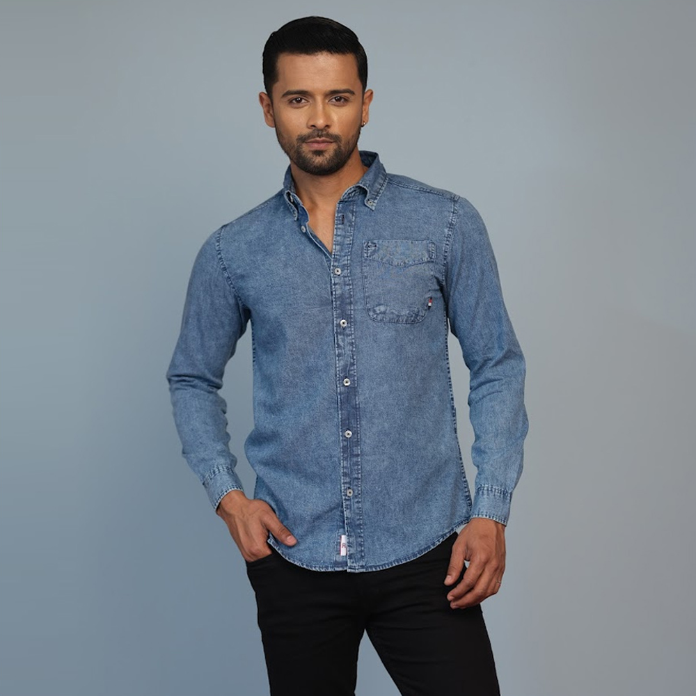 Denim Full Sleeve Casual Shirt for Men - Blue - European Size - 254104238