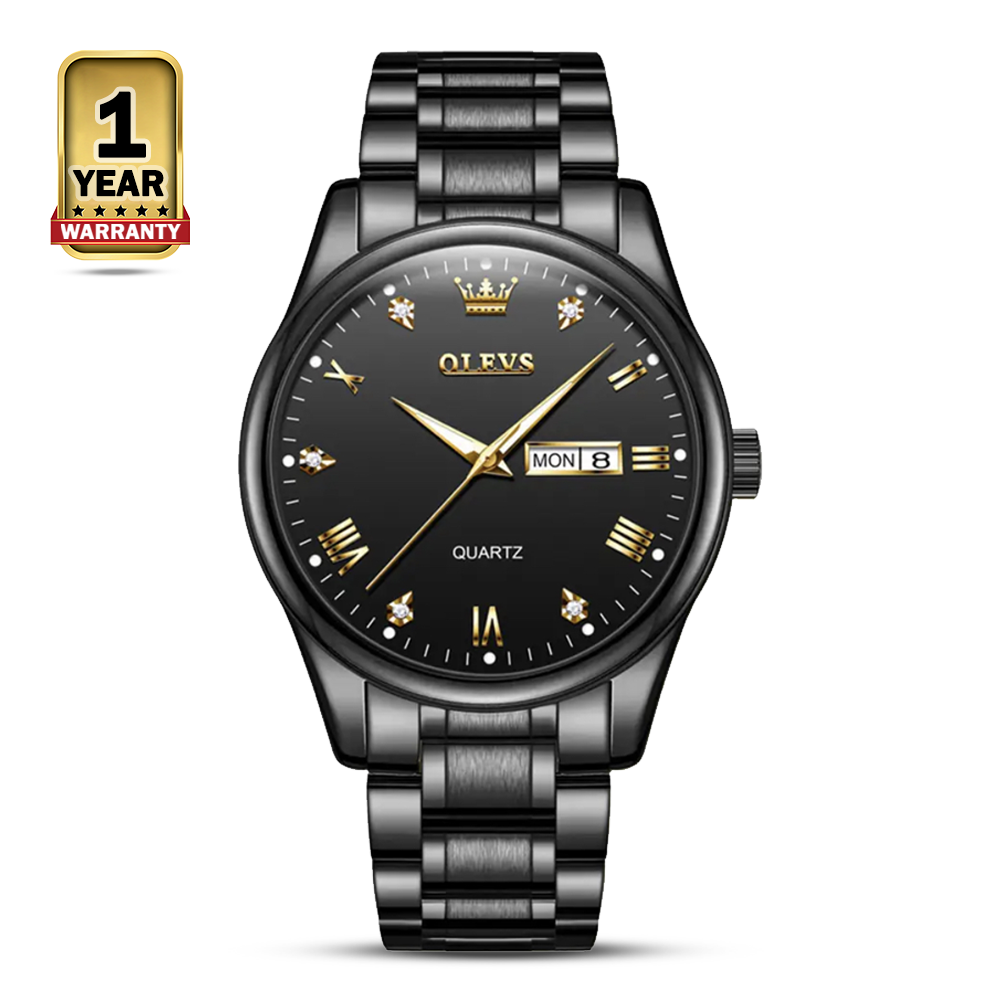 Olevs 5563 Stainless Steel Waterproof Quartz Wrist Watch For Men - Black