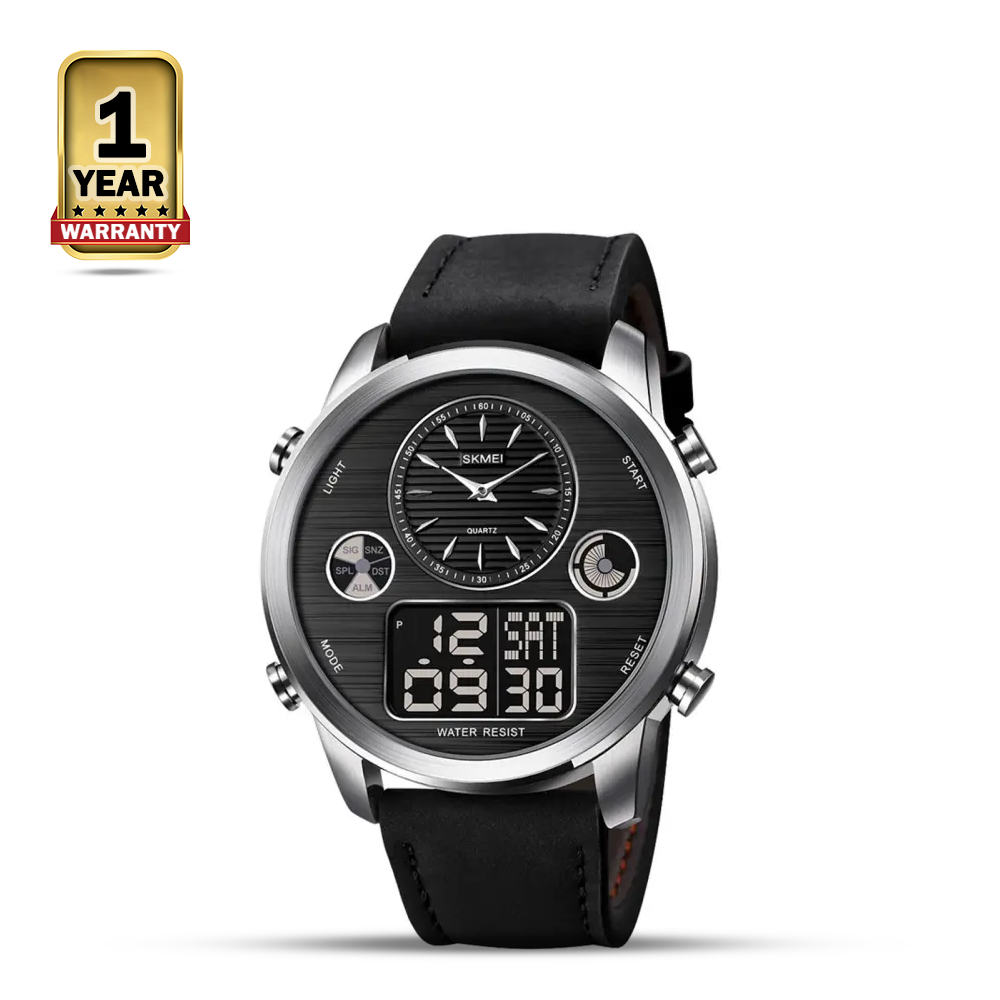 SKMEI 1653 PU Leather Dual Time Watch For Men - Silver and Black