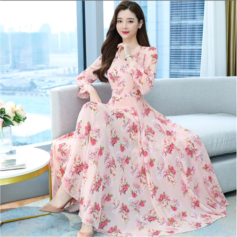 Linen 3D Print Long Sleeve Long Gown for Women - Light Pink - 1543