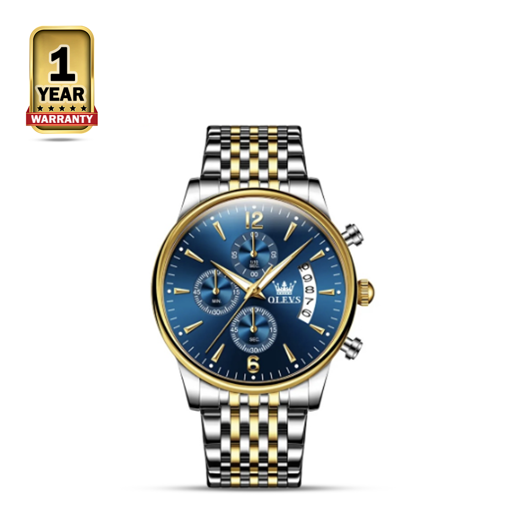 OLEVS 2867 Stainless Steel Pilot Business Quartz Watch For Men - Blue and Golden Silver