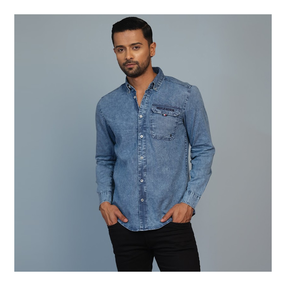 Denim Full Sleeve Casual Shirt for Men Blue European Size