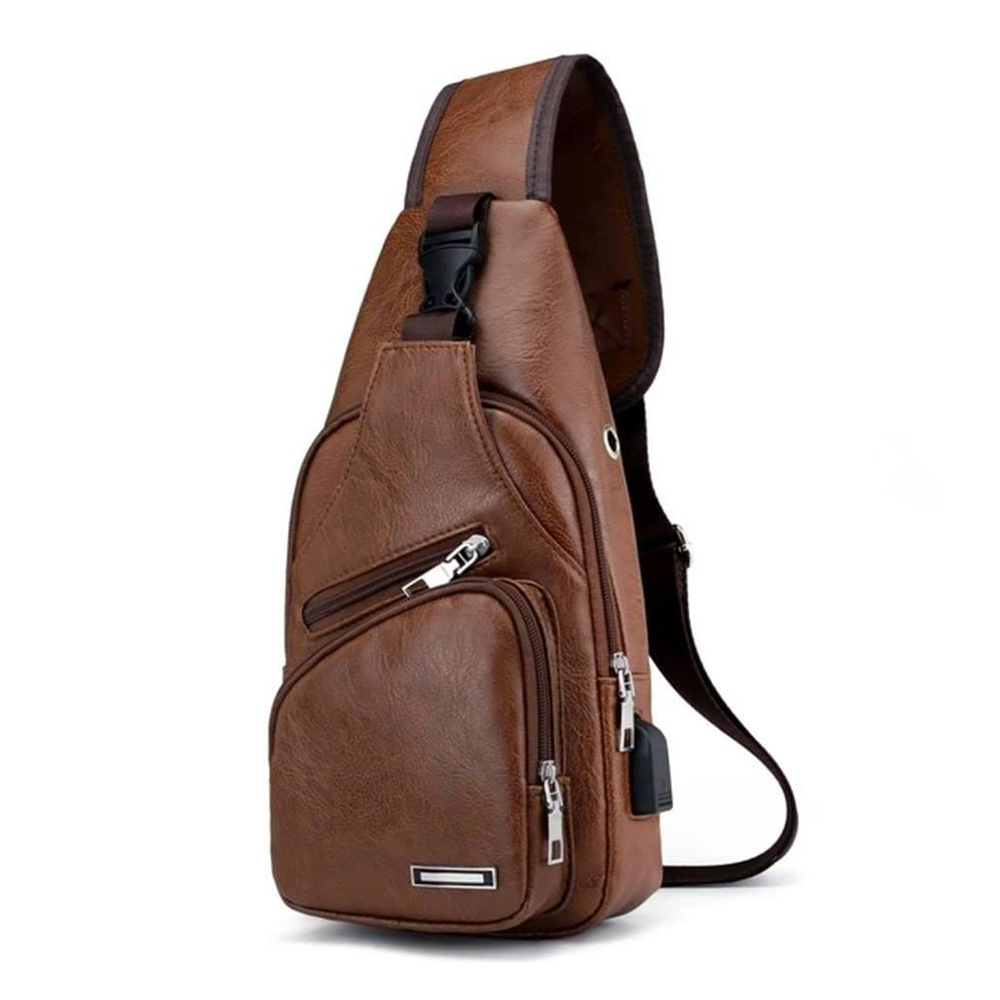 Leather Crossbody Shoulder Bag For Men - Brown
