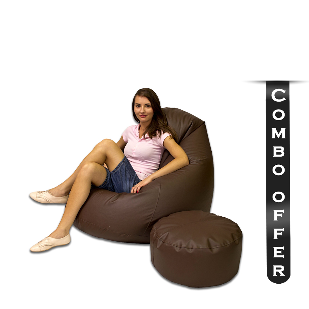 Combo of 2 Pcs Waterdrop Artificial Leather Beanbag With Footrest - XXXL - Brown