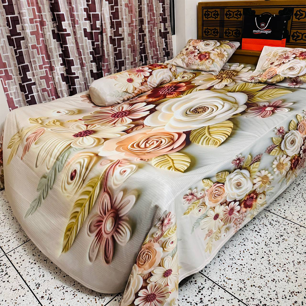 China Cherry Cotton King Size 3D Design Bedsheet With Pillow Covers - Multicolor - HS-00040