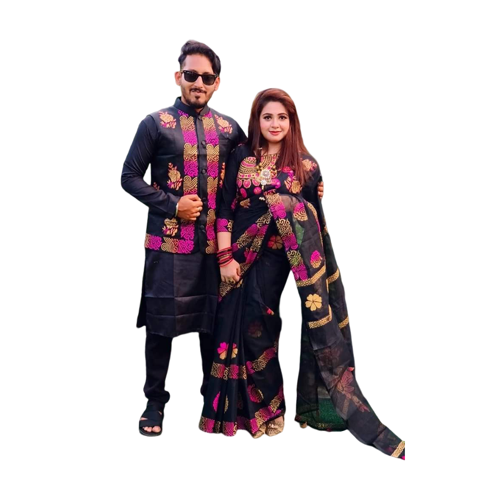 Combo of Half Silk Block Print Saree and Dhupian Silk Panjabi