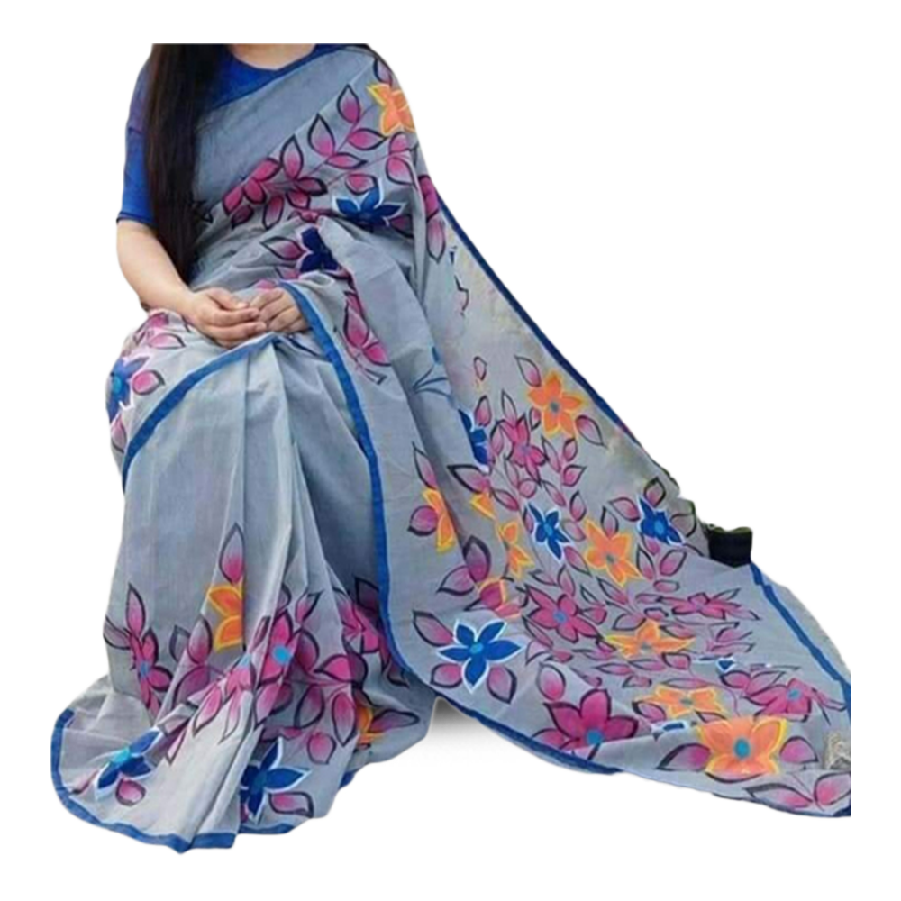 Hand Printed Half Silk Saree for Women - Silver - SP-83 