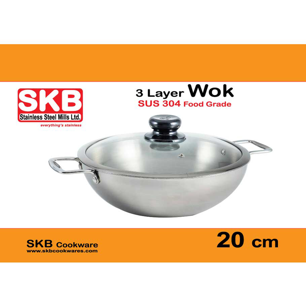 3 Layer Wok with Glass Lid   - 20cm - Silver - Wok 3001