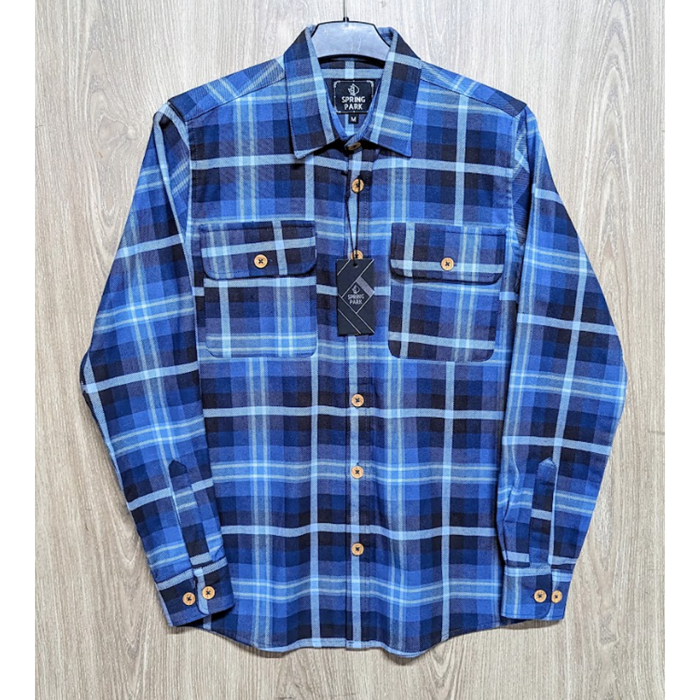 Flannel Cotton Check Double Pocket Casual Shirt - Blue - SP0048