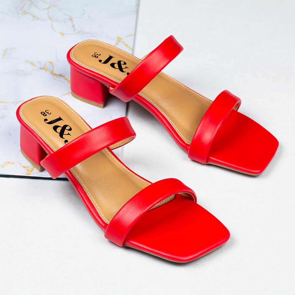 Artificial Leather Double Strap Heeled Sandals For Women Red