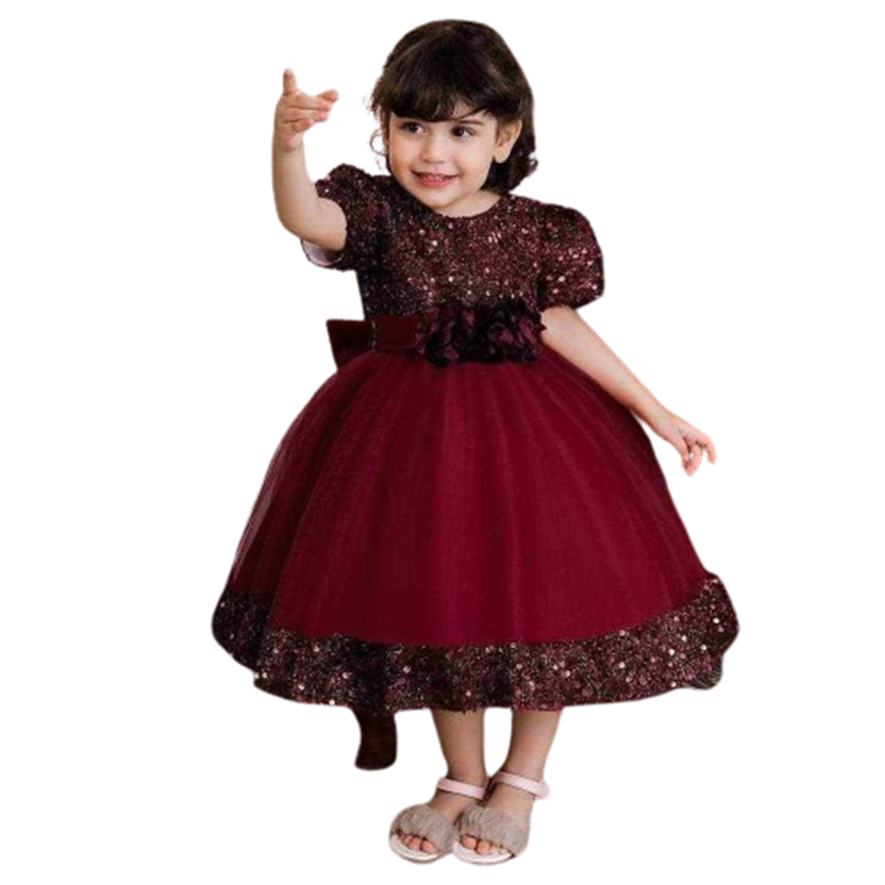 Ac Net and Sequence Net Party Dress For Babies - Maroon - BD-31