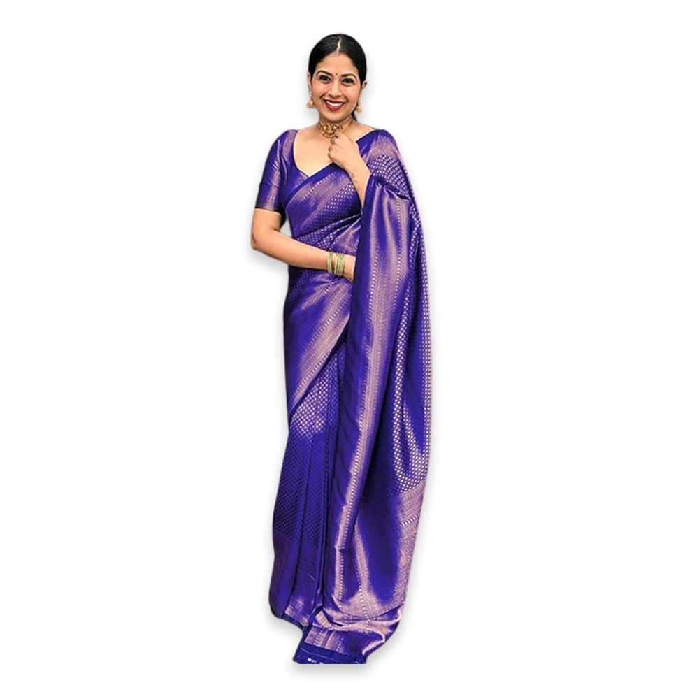 Kanchi Puram Silk Saree With Blouse Piece For Women - Blue