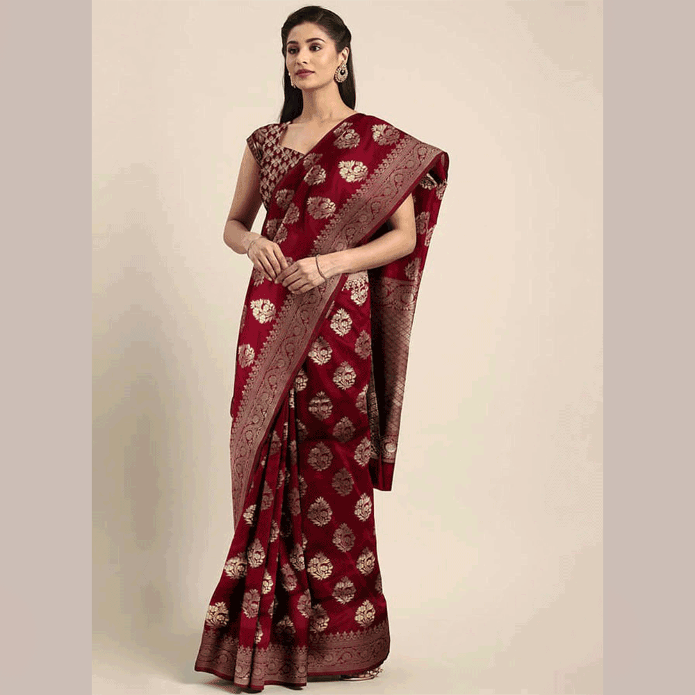 Silk Printed Saree With Blouse Piece For Women -Maroon