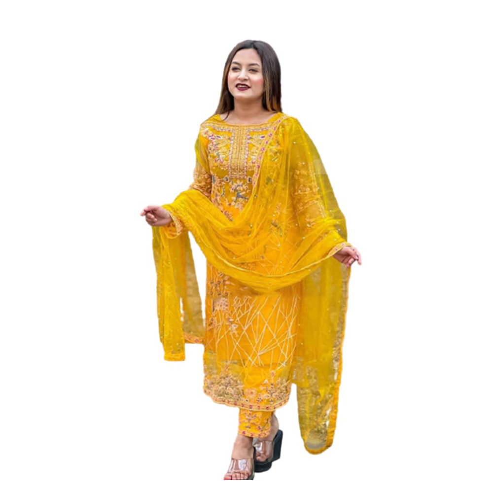 Soft Net Embroidery Unstitched Salwar Kameez For Women - Yellow - 4G-12