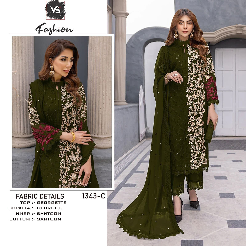 Georgette Embroidery Work Readymade Salwar Kameez for Women - Dark Green - HP-M3P-408