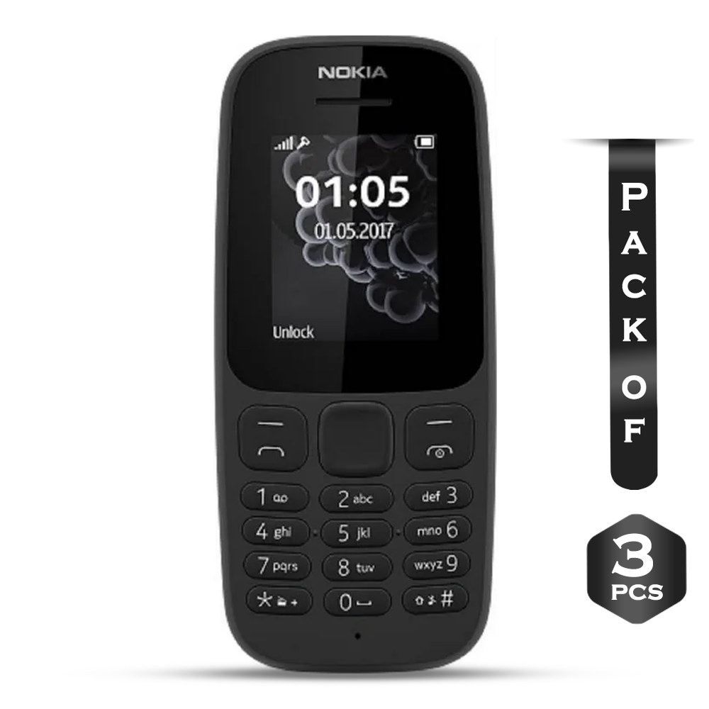Pack of 3 Pcs Nokia 105 Single Sim Feature Phone - Black