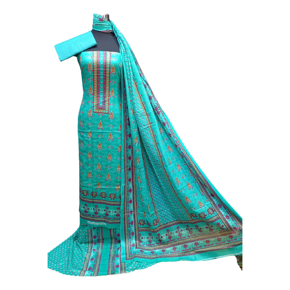 Unstitched Cotton Printed Salwar Kameez For Women - Sea Blue - 3R-F45