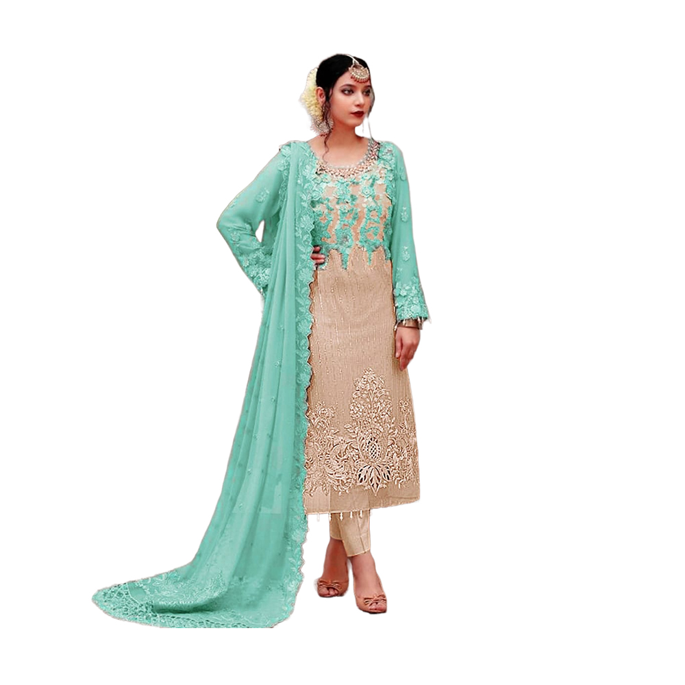 Three Pcs For Women Georgette and Butter Silk - Cyan and Light Brown