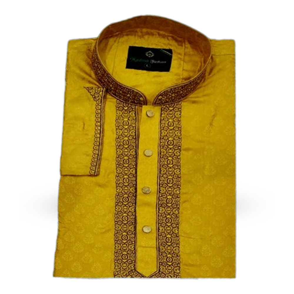 Cotton Semi Long Embroidery Panjabi for Men  - Golden - MD-03