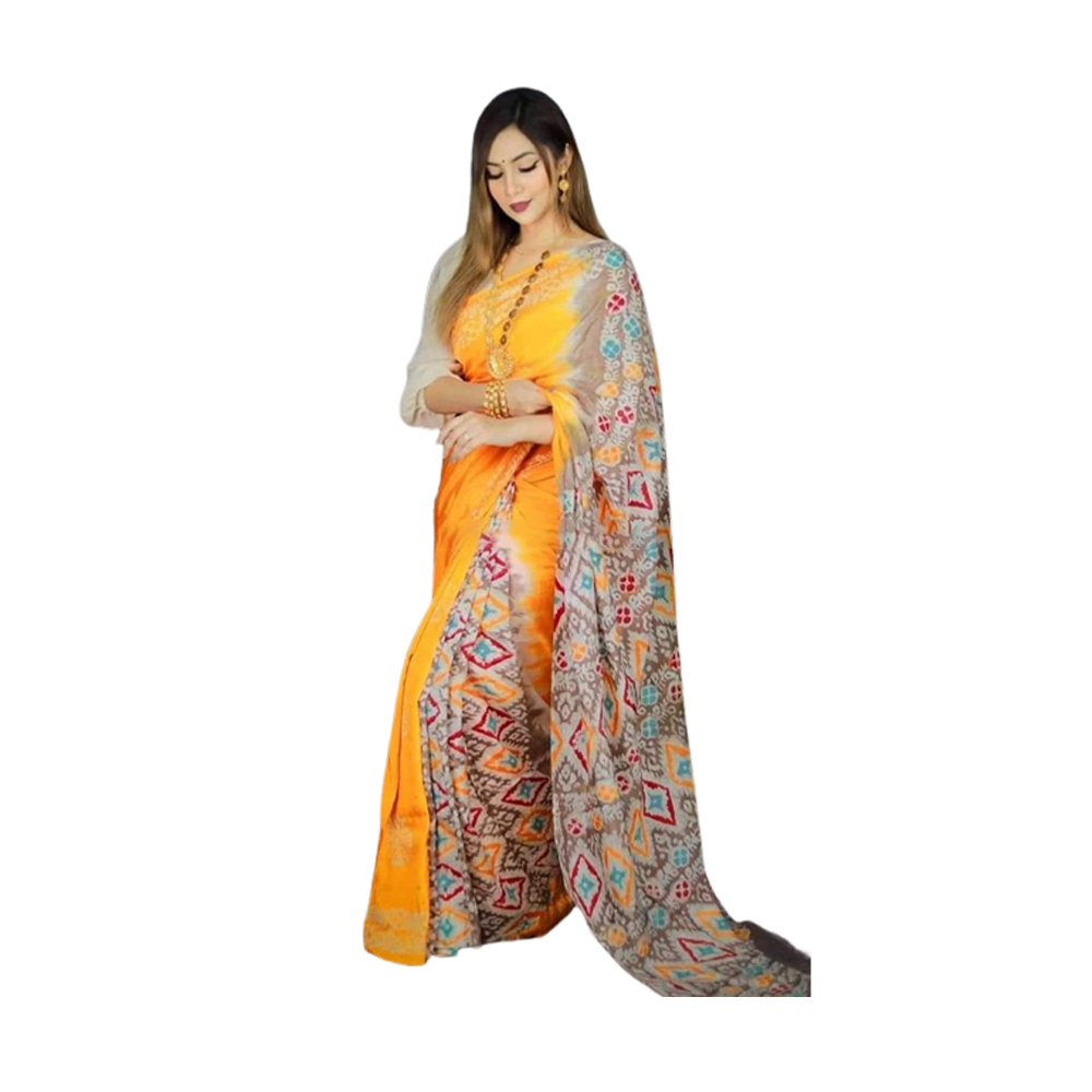 Cotton Batik Saree With Blouse Piece for Women - Orange and Brown - SB-45