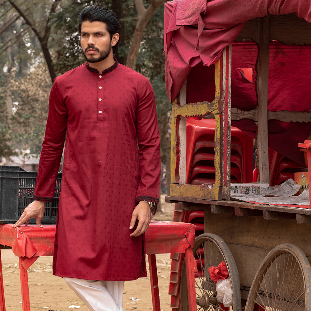 Cotton Embroidery Panjabi For Men - RD-17 - Maroon