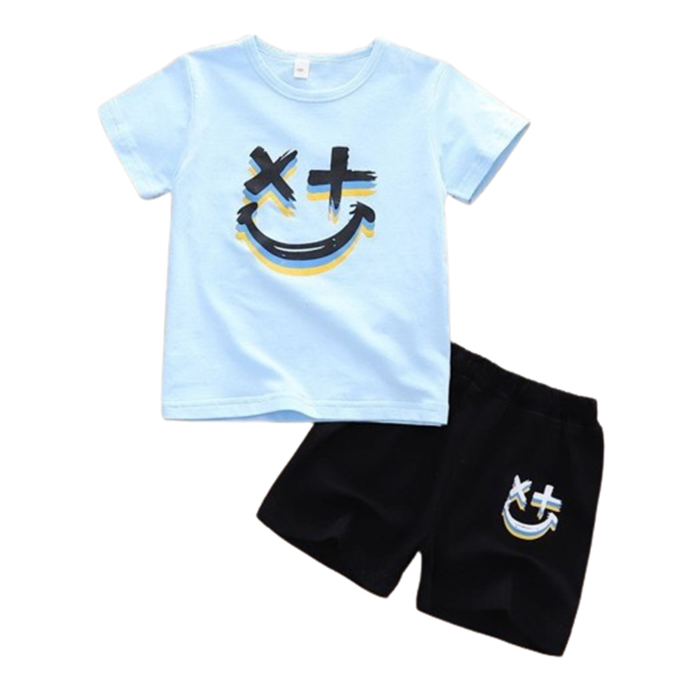 China Cotton T-Shirt and Half Pant Set For Kids - Light Blue and Black - BM-36