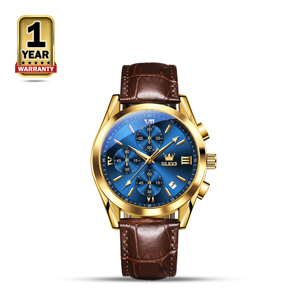 OLEVS 2872 Leather Quartz Watch For Men - Gold Brown And Blue