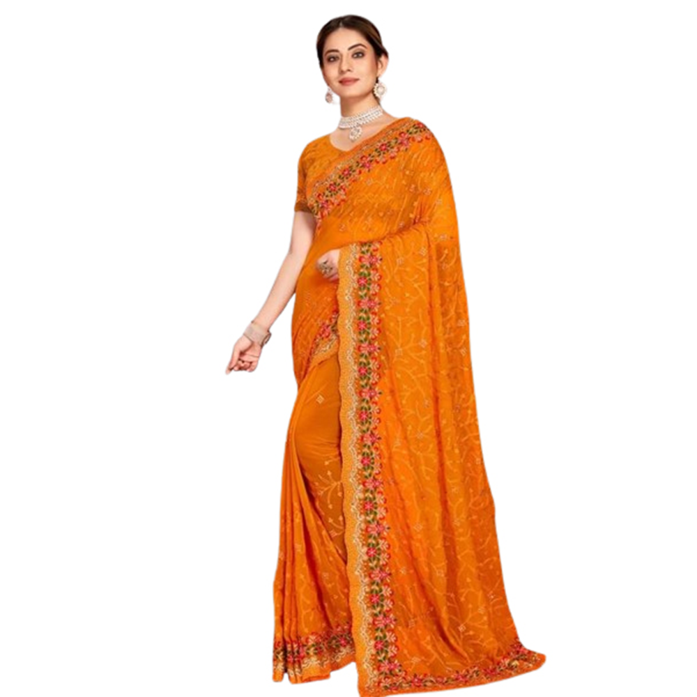 Weightless Georgette Saree With Blouse Piece For Women - Orange - SJ-76