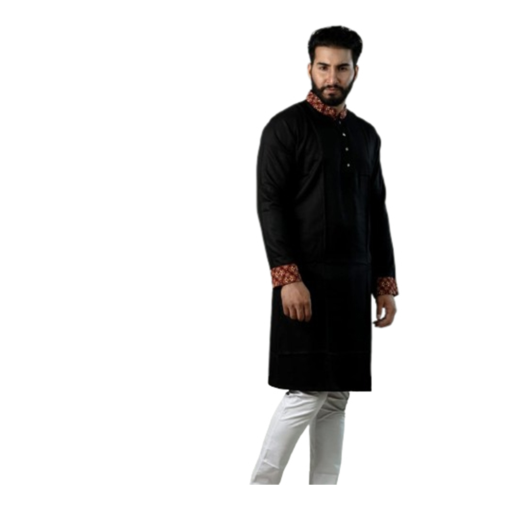 Cotton Digital Print Semi Long Embroidery Panjabi For Men - Black - PS-09