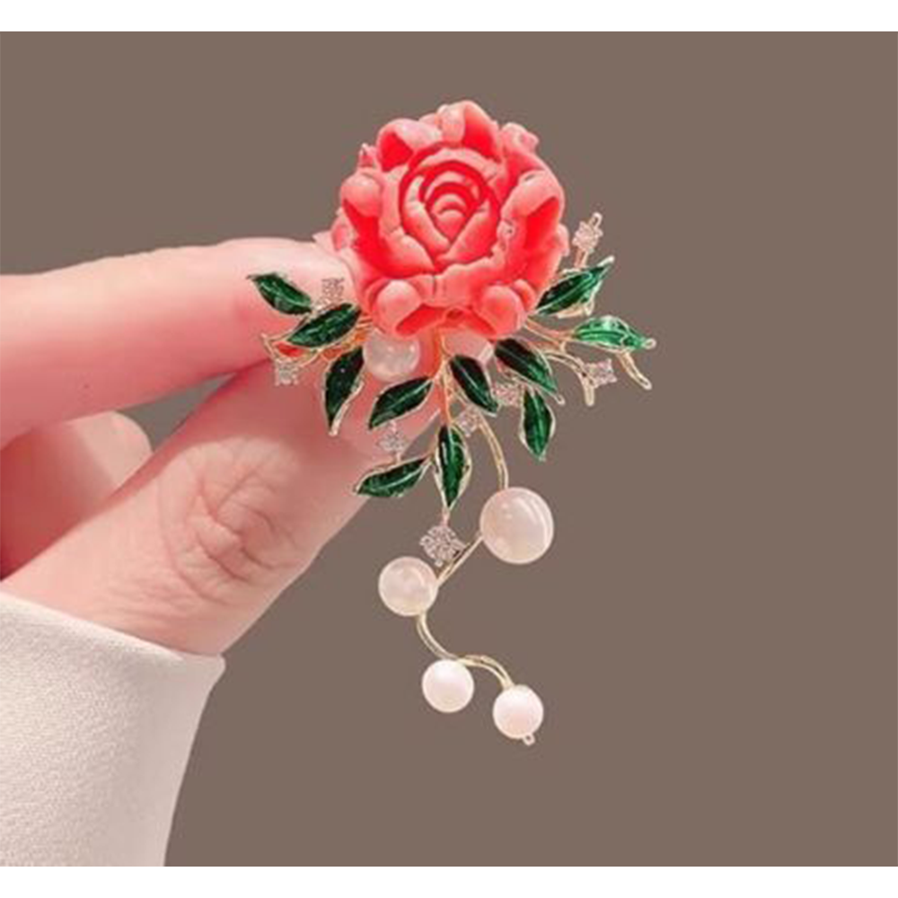 Metal Rose Brooch Hijab Safety Pin For Girls And Women - Red Rose 