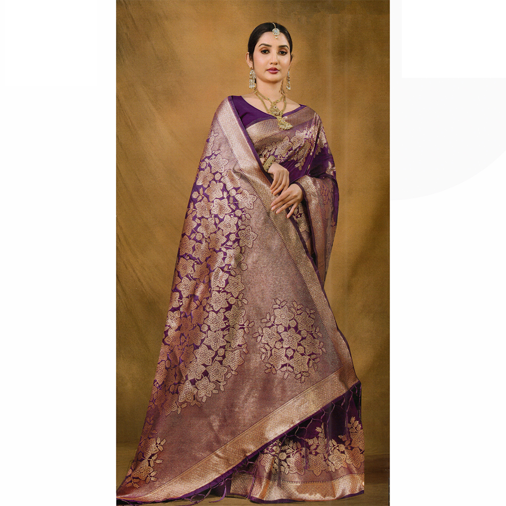 Gujrati Pure Handloom Katan Saree with Blouse Piece for Women - Deep Purple - A-646 D