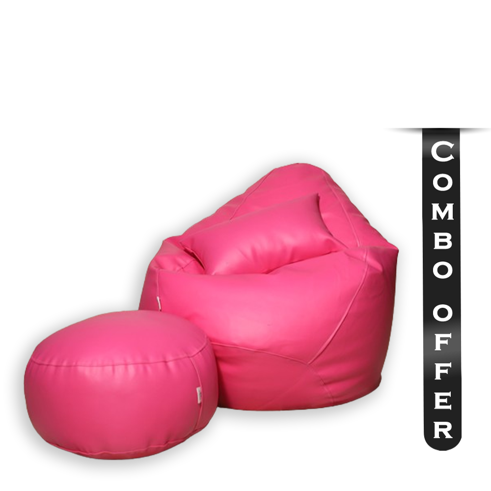 Combo of 3Pcs Leather Bean Bag - XXL With Leg Rest and Cushion - Pink - APL2CPN