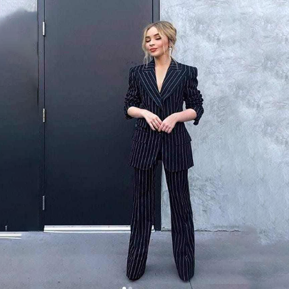 Spandex Casual Stripe Suit Blazer Set For Women - Black