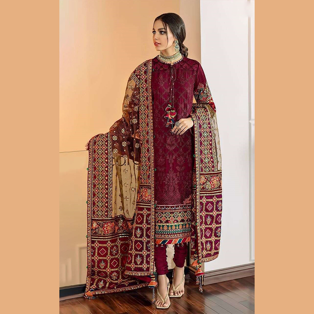 Unstitched Net Embroidered Salwar Suits  For Women - Maroon - S-544 C