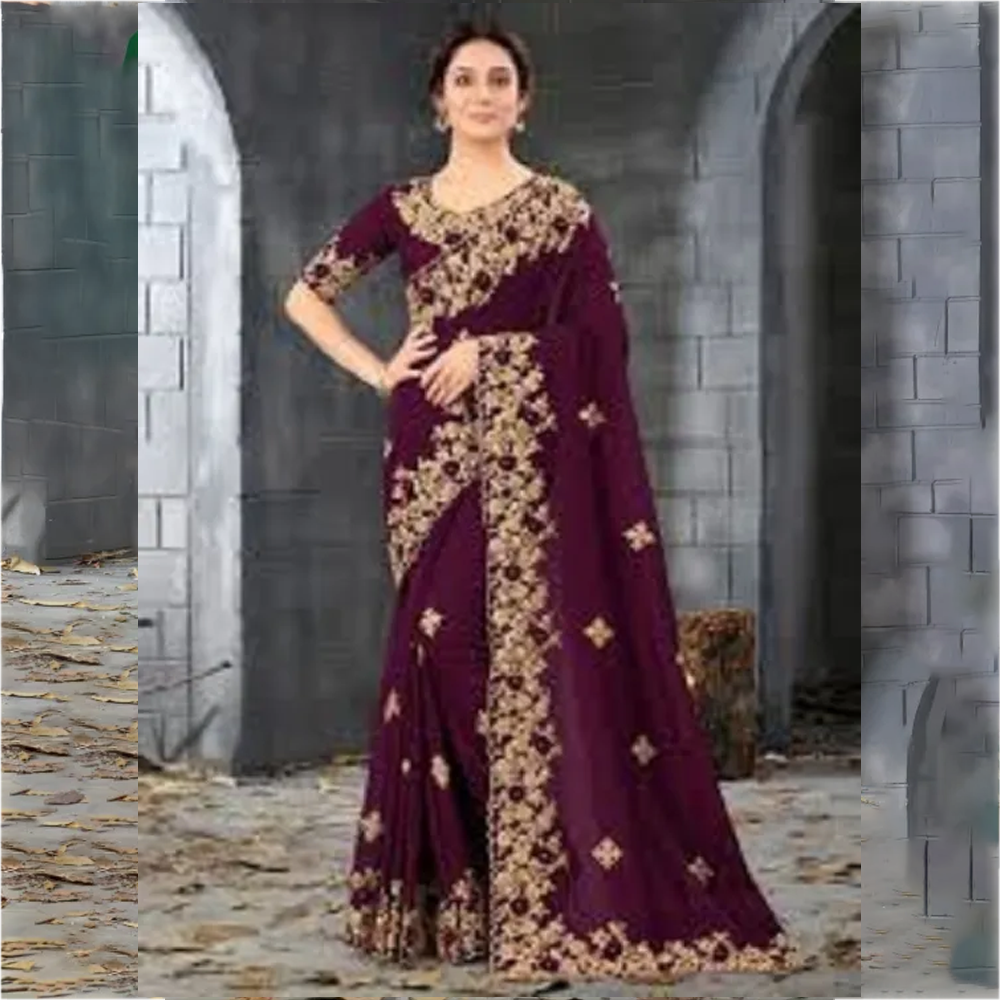Georgette Embroidery Saree For Women - Violet