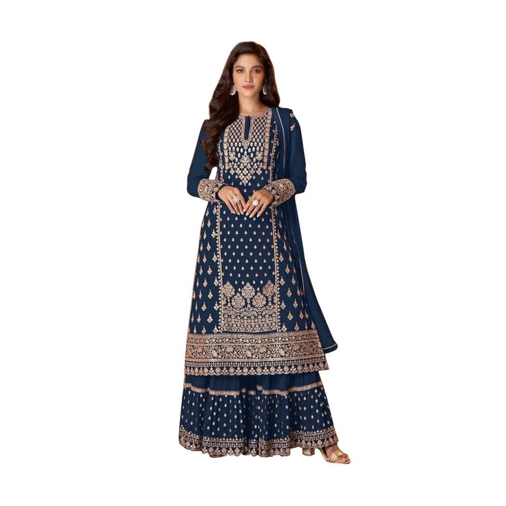 Unstitched Embroidery Work Georgette Anarkali Gown Dress For Women - Blue